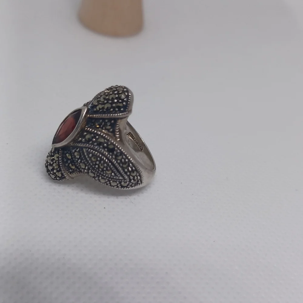 Vintage Sterling Judith Jack Red Garnet Marcasite Deco Statement Ring